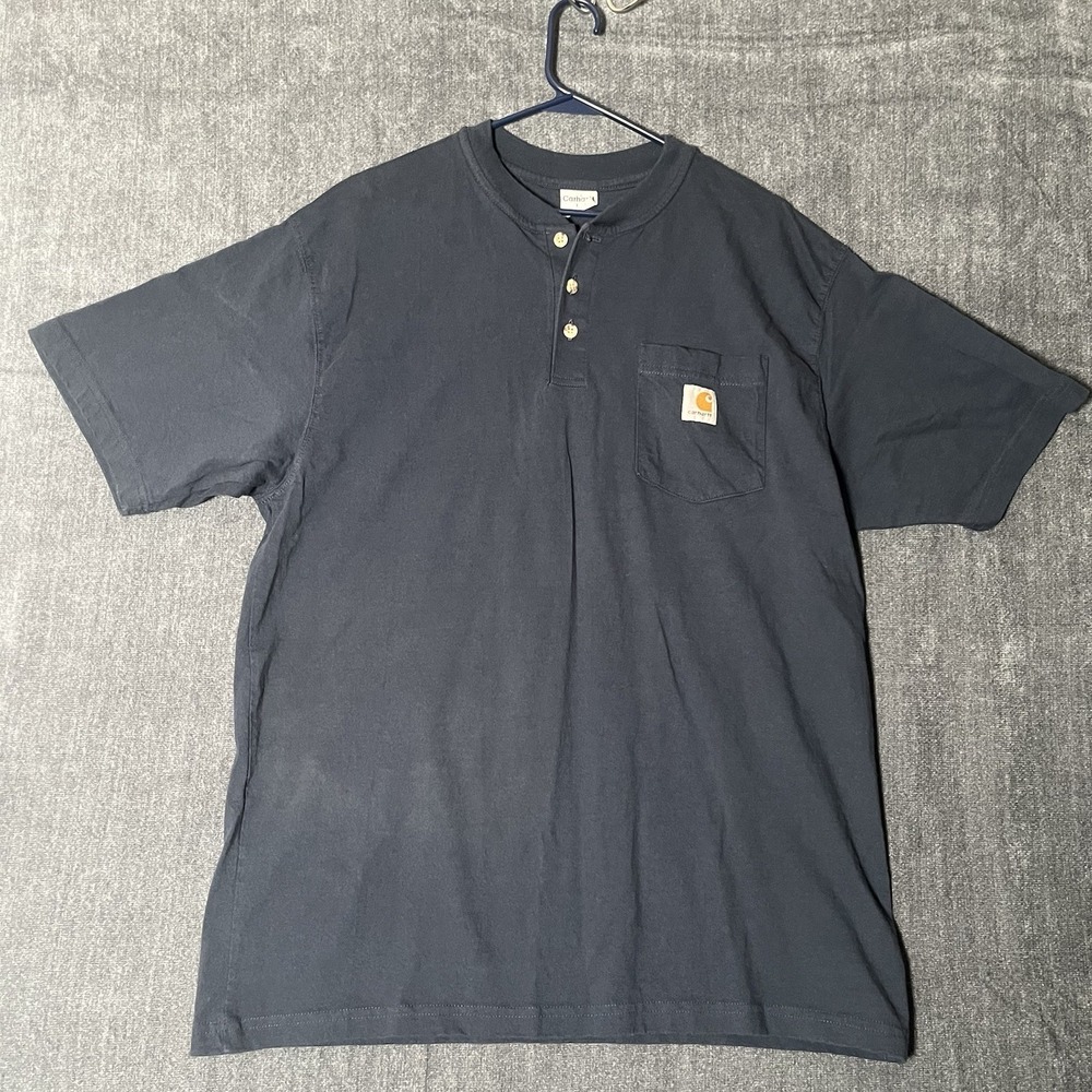 Carhartt Shirt Mens Large Navy Blue Henley Short Sleeve Pocket Workwear Tee